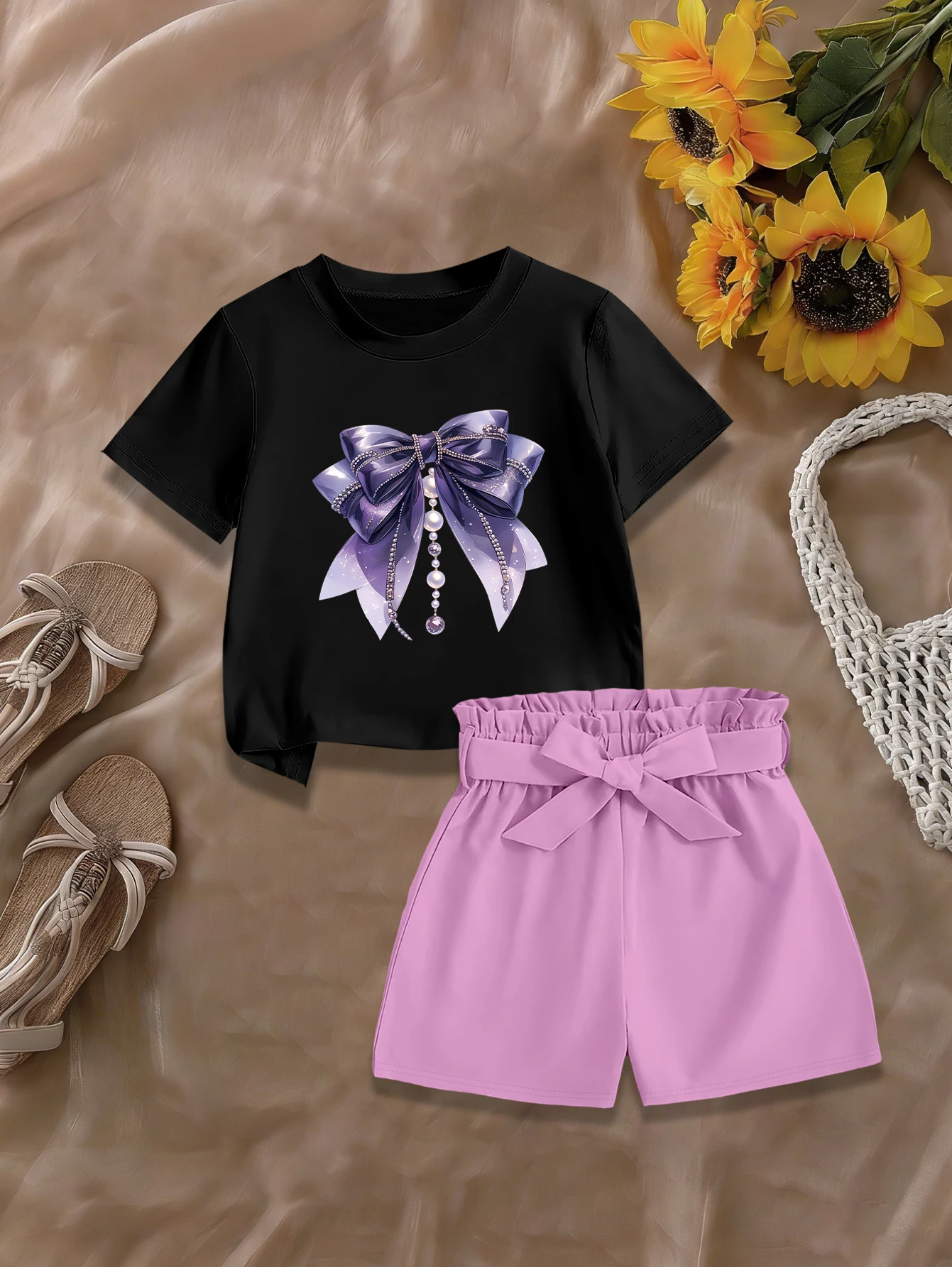 conjunto-de-2-pecas-camiseta-e-shorts-fofos-de-verao-para-meninas-desenho-animado-roxo-laco-de-perola-tecido