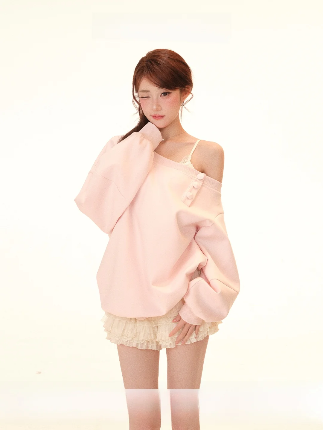 

Sweet Pear Lazy Cake Lace oulder Loose Elastic orts Sweatirt Set Women's Faion Spring Outfit Casual Loose Sle