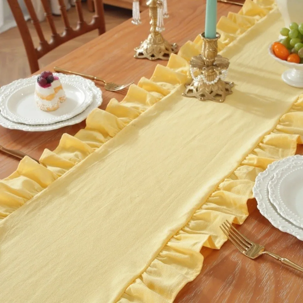 Rustic Style Ruffled Edge Table Runner Rectangular Washed Cotton Wedding Tablecloth Solid Color Anti Slip Table Flag