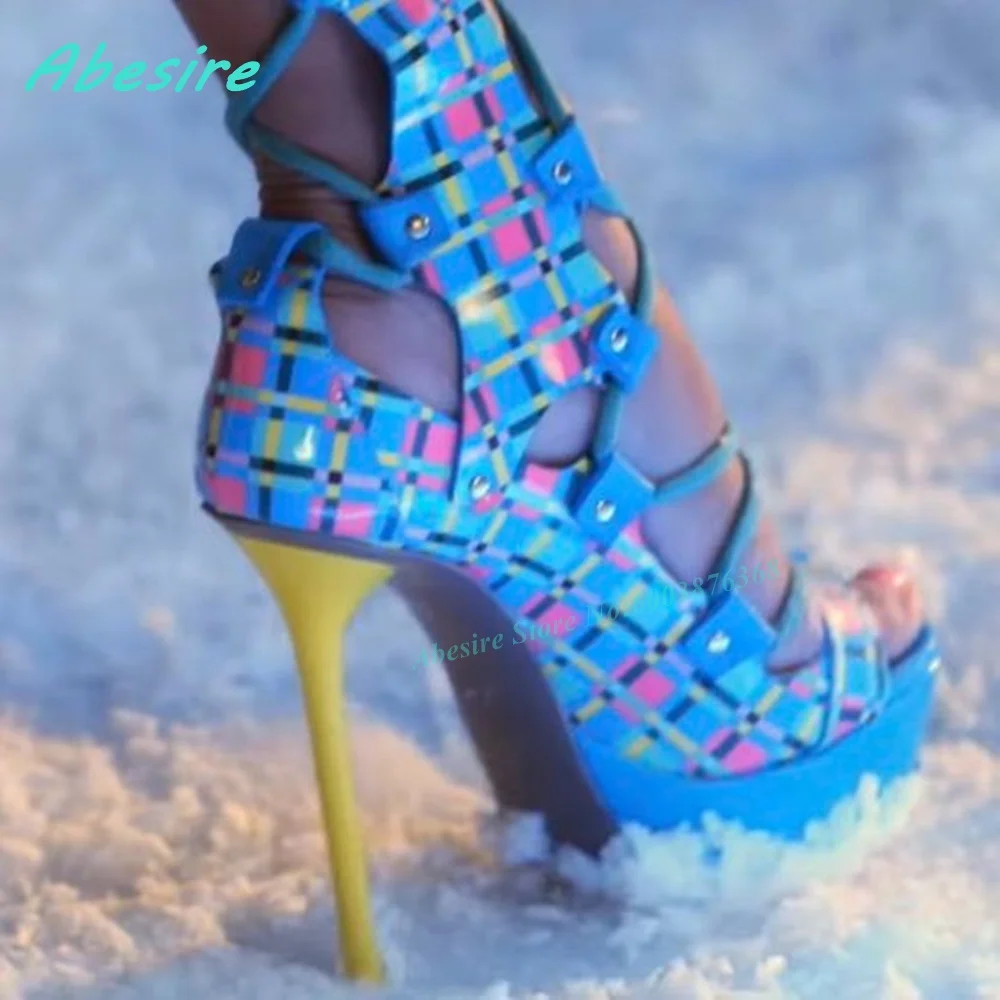 Colorful Cross-Tied Open Toe  Stiletto Heels Women's Gladiator Sandals Platform Lace-Up Sandals Patchwork Runway Shoes Sexy