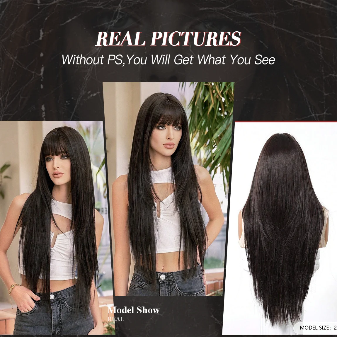 28 inches Natural Black Wig with Bangs Super Long Layered Straight Wig For Women Long Black Brown Synthetic Wig Heat Resistant