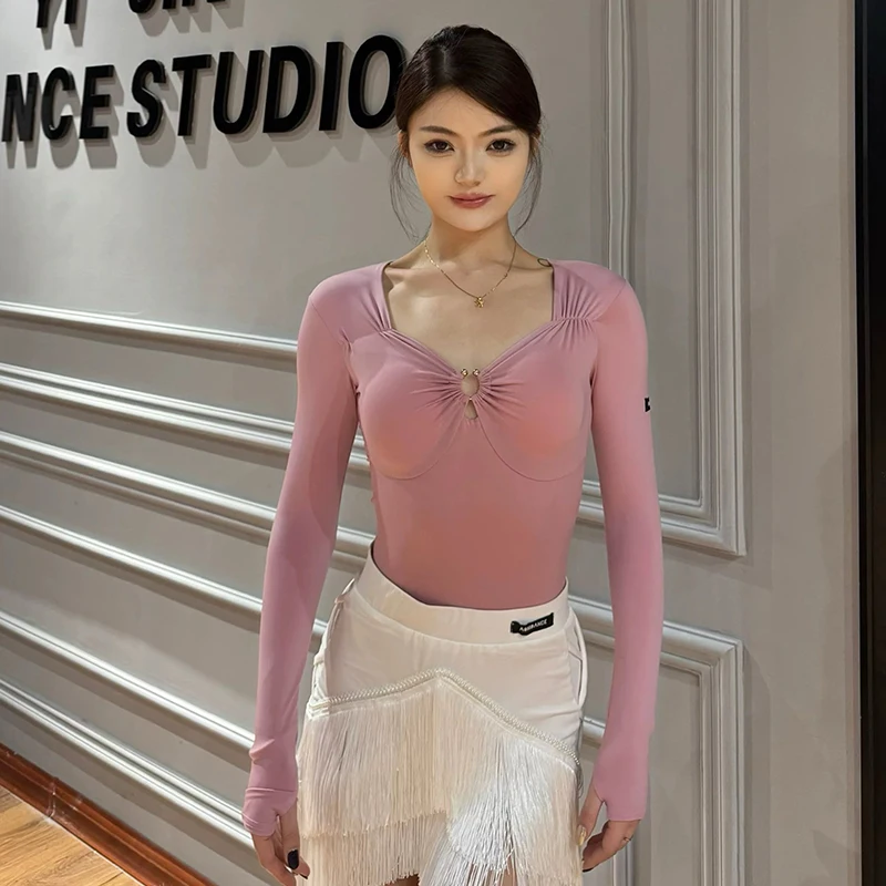 라틴 댄스 탑 여성 스퀘어 칼라 반팔 바디 슈트 댄스 트레이닝 탑 성인 슬리밍 댄스 연습 옷 VBH1428