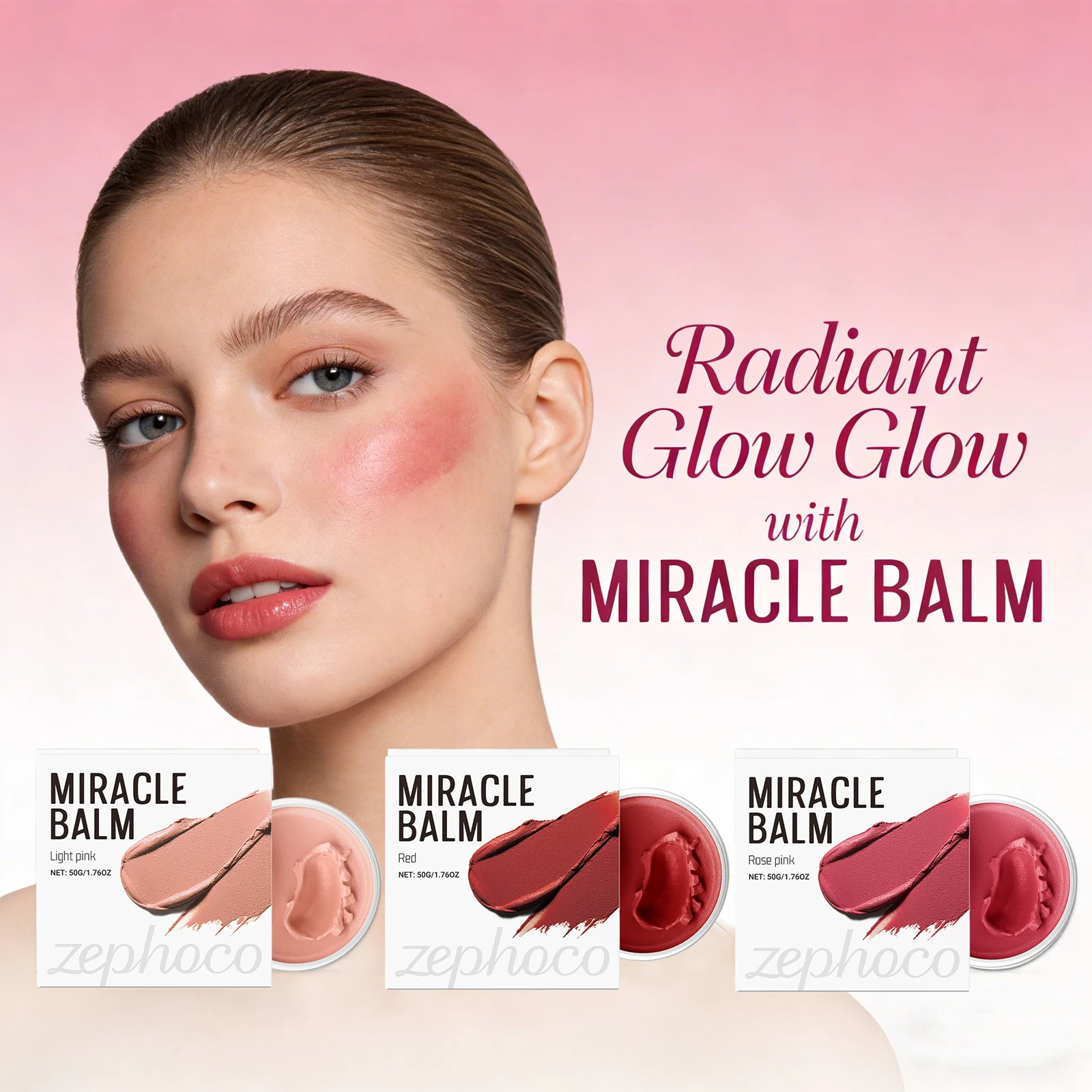 บลัชออนเนื้อฝุ่น 3 สี สำหรับแก้ม ปาก และใบหน้า บalm บำรุงผิว ติดทนนาน แต่งหน้าแบบธรรมชาติ บalm อเนกประสงค์ ไฮไลท์เตอร์ บลัชออน 50 กรัม