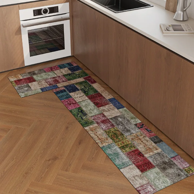 

Kitchen Floor Mat Waterproof Non-slip Wipeable Washable Carpet PVC Leather Long Size Rugs American Retro Home Decor Floor Mats