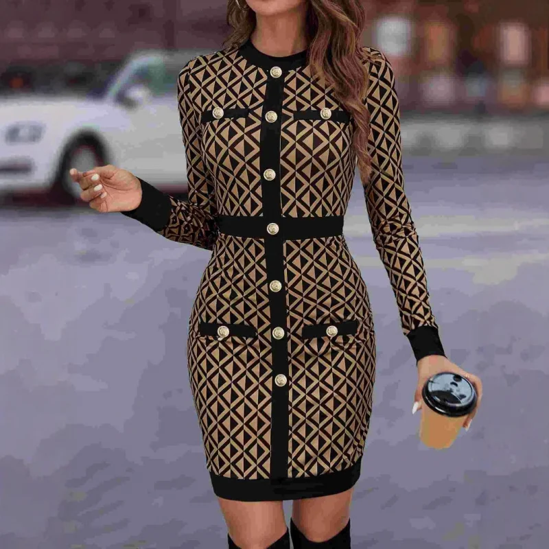 

Autumn Winter New Retro Small Fragrance Elastic Retro Plaid Color Block Fashion Ladies Socialite Bodycon Dress