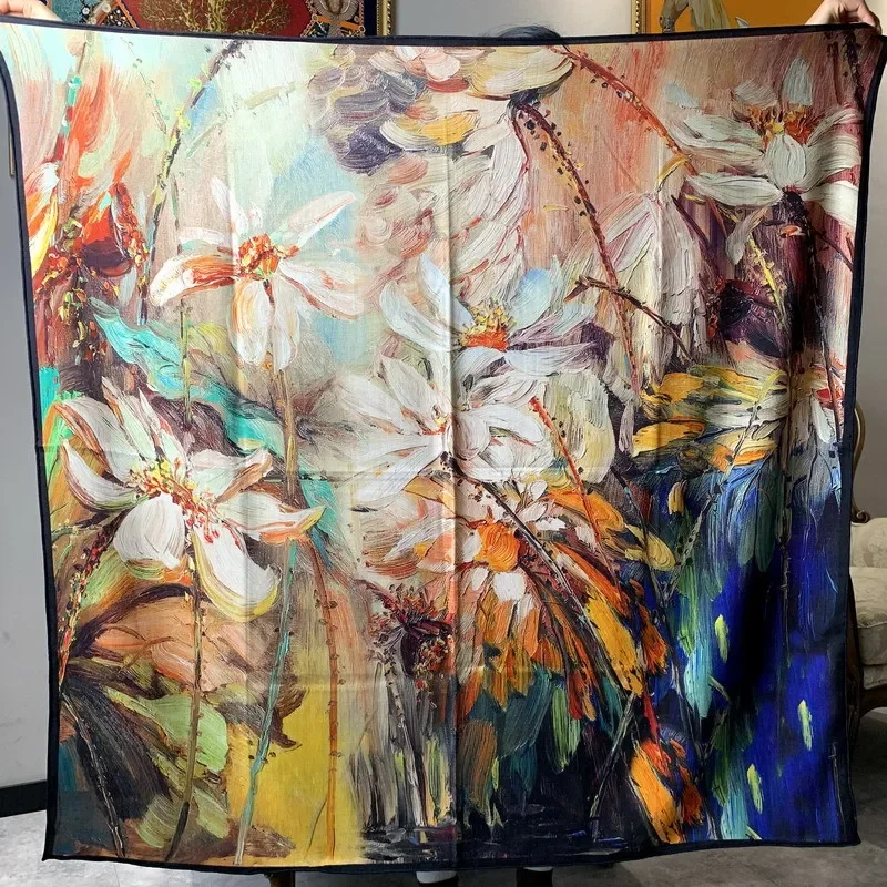 High-end Elegant Women's Flower Oil Painting Double-sided Print Quality Silk Wool Hand Rolled Edge Large Square Scarf Shawls