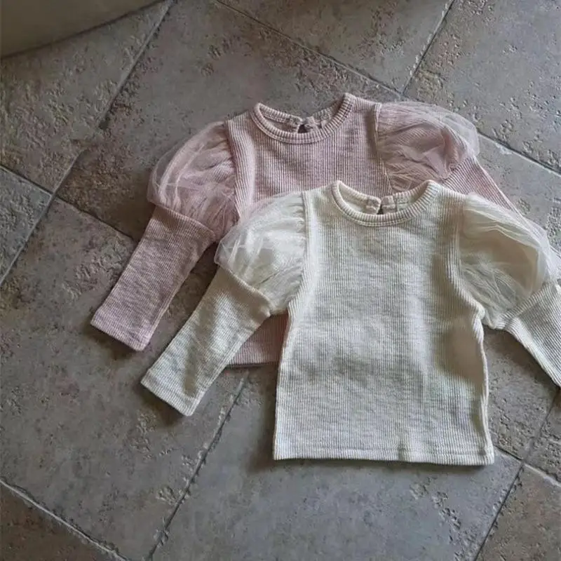 

Infant Cotton Casual Tops Toddler Solid Pullover 2025 Autumn New Baby Girl Gauze Splicing Puff Sleeve Princess Bottoming Shirt