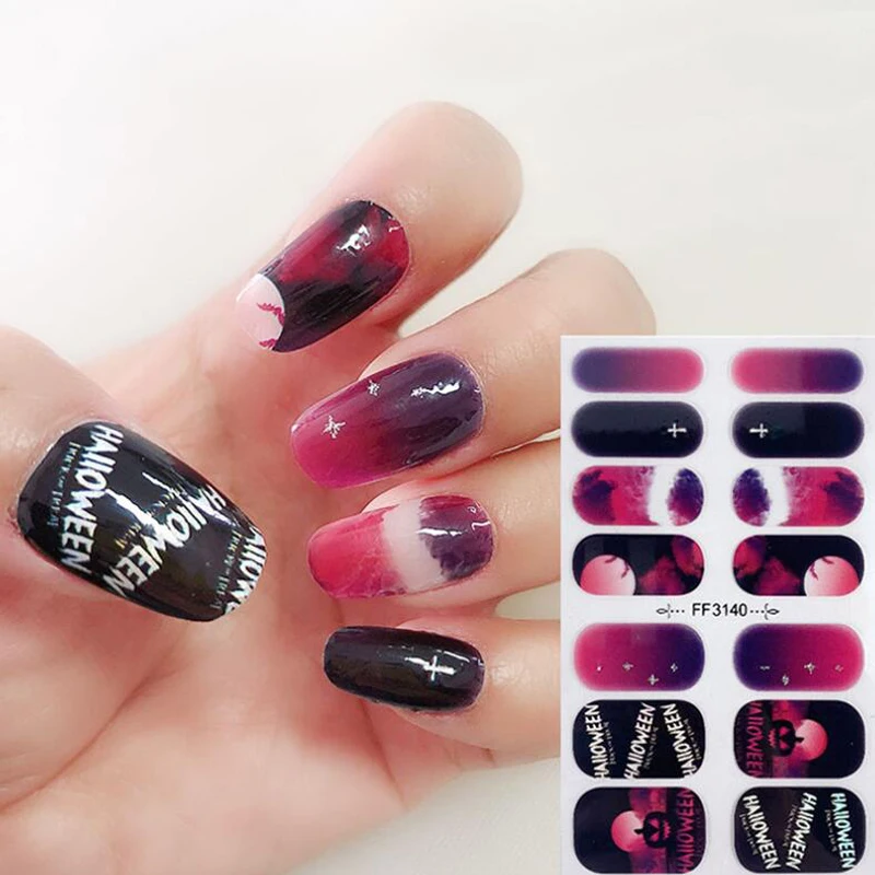 Envolturas de uñas de salón para mujer, pegatina de Halloween DIY, calcomanías de cubierta completa, decoraciones de esmalte de manicura, prensa en uñas