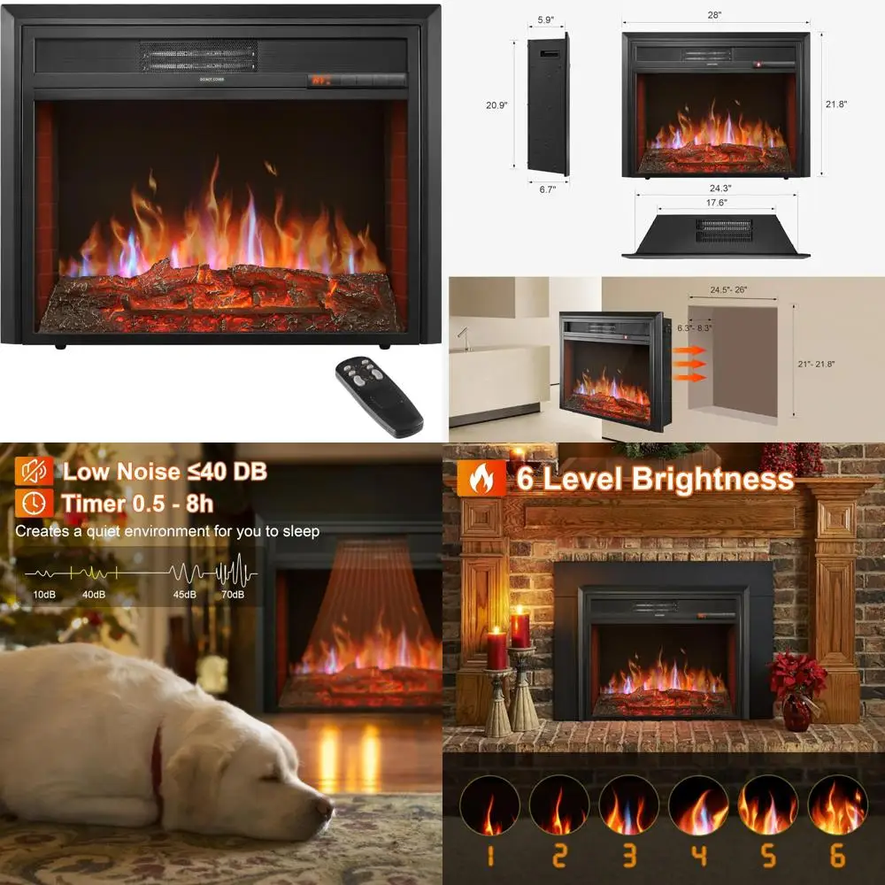 In-Wall Electric Fireplace Insert with Remote, 6-Level Brightness, Ideal for Living Room