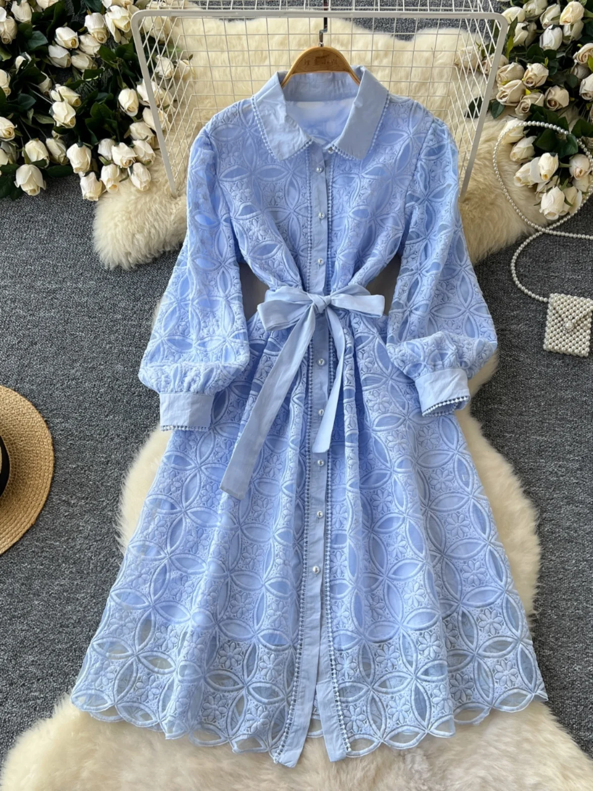 Autumn Winter Lace Embroidery Long Sleeve Midi Dress Shirt Women Single Breasted Pearls Button