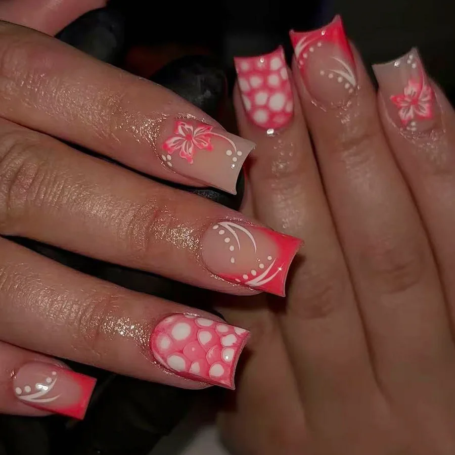 24pcs Pink French Fake Nails Wearable Sweet Leopard Print Short Square False Nail with Cherry Rhinestone Design Press on Nails