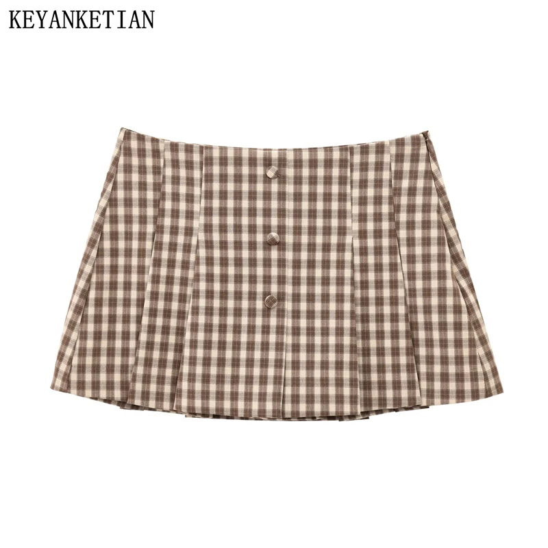 KEYANKETIAN 2025 Spring New British style Color Matching Plaid Wide Pleated Mini Skirt Side Zipper Low waist Women A Line Skirt