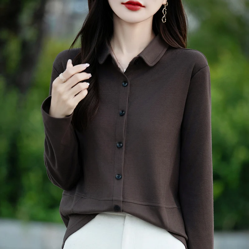 DE Velvet Autumn Winter Polo Collar Cardigan Sweater Shirt Female Solid Blouse Casual Simple Loose Basics Soft Warm Knit Sweater