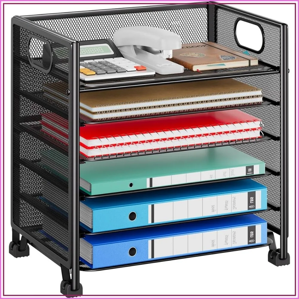 6-Tier Metal Mesh Letter Tray Organizer, Large Capacity, Non-Slip, Tool-Free Assembly, Black for Office