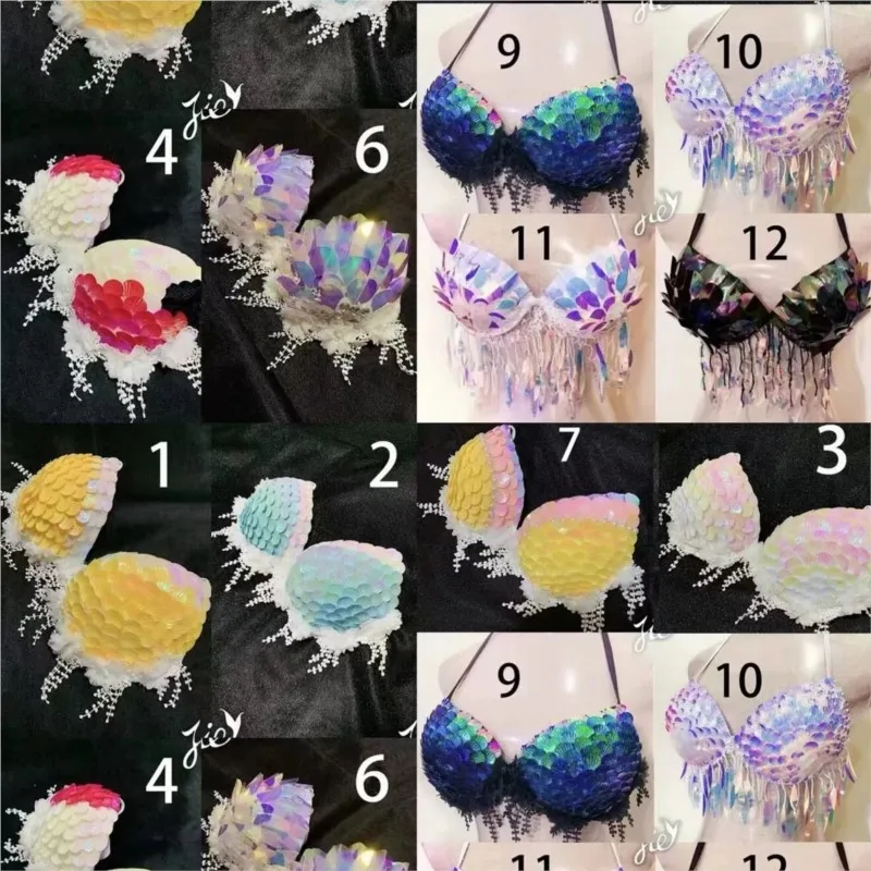 Aquarium Performance Fishtail Sequin Shell Bikini Top Bra Free Diving cos Swimsuit
