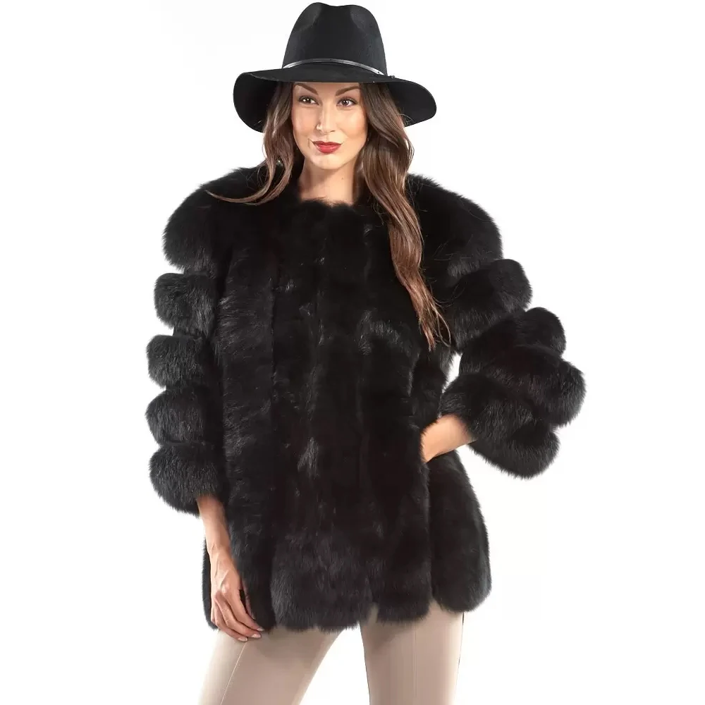 Winter Womens Real Fox Fur Coat Trendy Natural Fur Warm Mid-Length Jacket Overcoats Female Full Pelt Genuine Fur Outwear