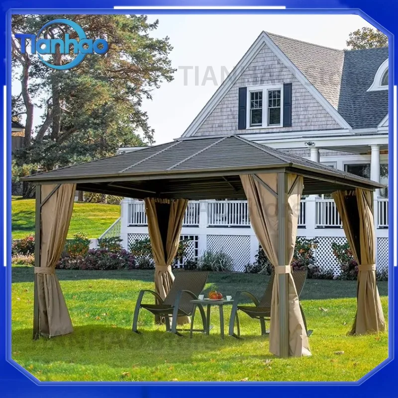 Gazebo de Techo Rígido 3x3 Resistente a la Lluvia para Exteriores, Pabellón de Metal para Jardín y Patio, Estructura de Madera Ecológica de PVC y MDF, Pérgola con Arco Revestido