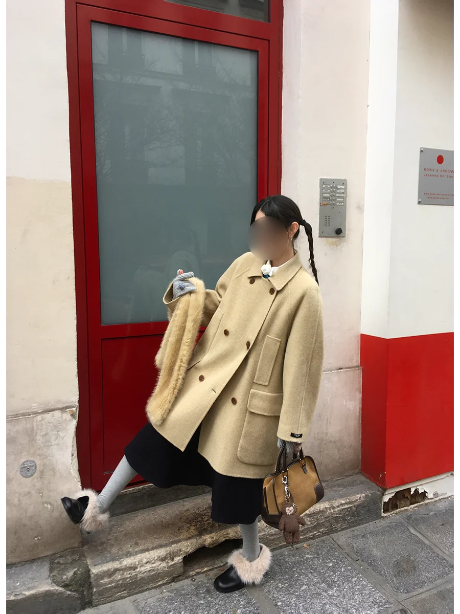 

Пальто MONA 00 из двустороннего шерстяного твида, свободный крой, средней длины, женская верхняя одежда, осень-зима, новинка, уличный стиль