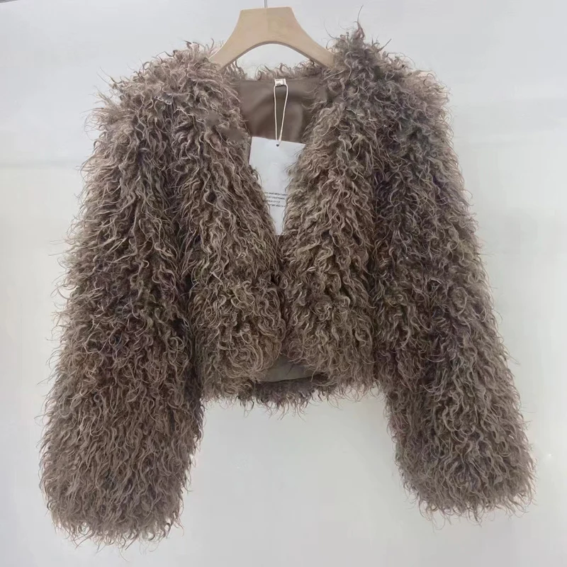 Abrigo de piel sintética para mujer, cárdigan ligero y cálido de manga larga, corte corto, cuello en V, diseño de moda coreana, novedad de invierno