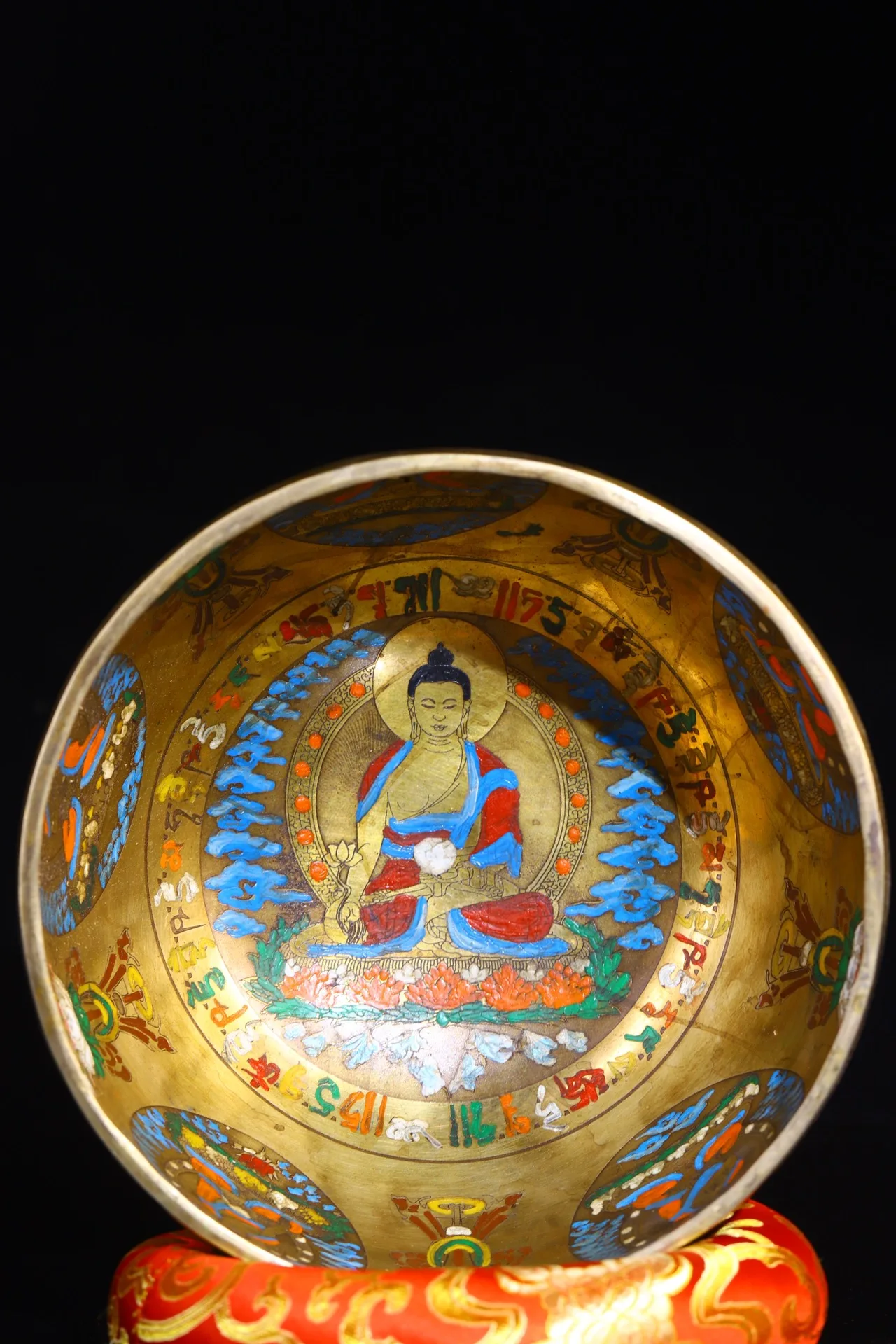 

8"Tibetan Temple Collection Old Bronze Painted Vajra Sanskrit Medicine Buddhist music Bowl Dharma Scripture Bowl Worship Hall