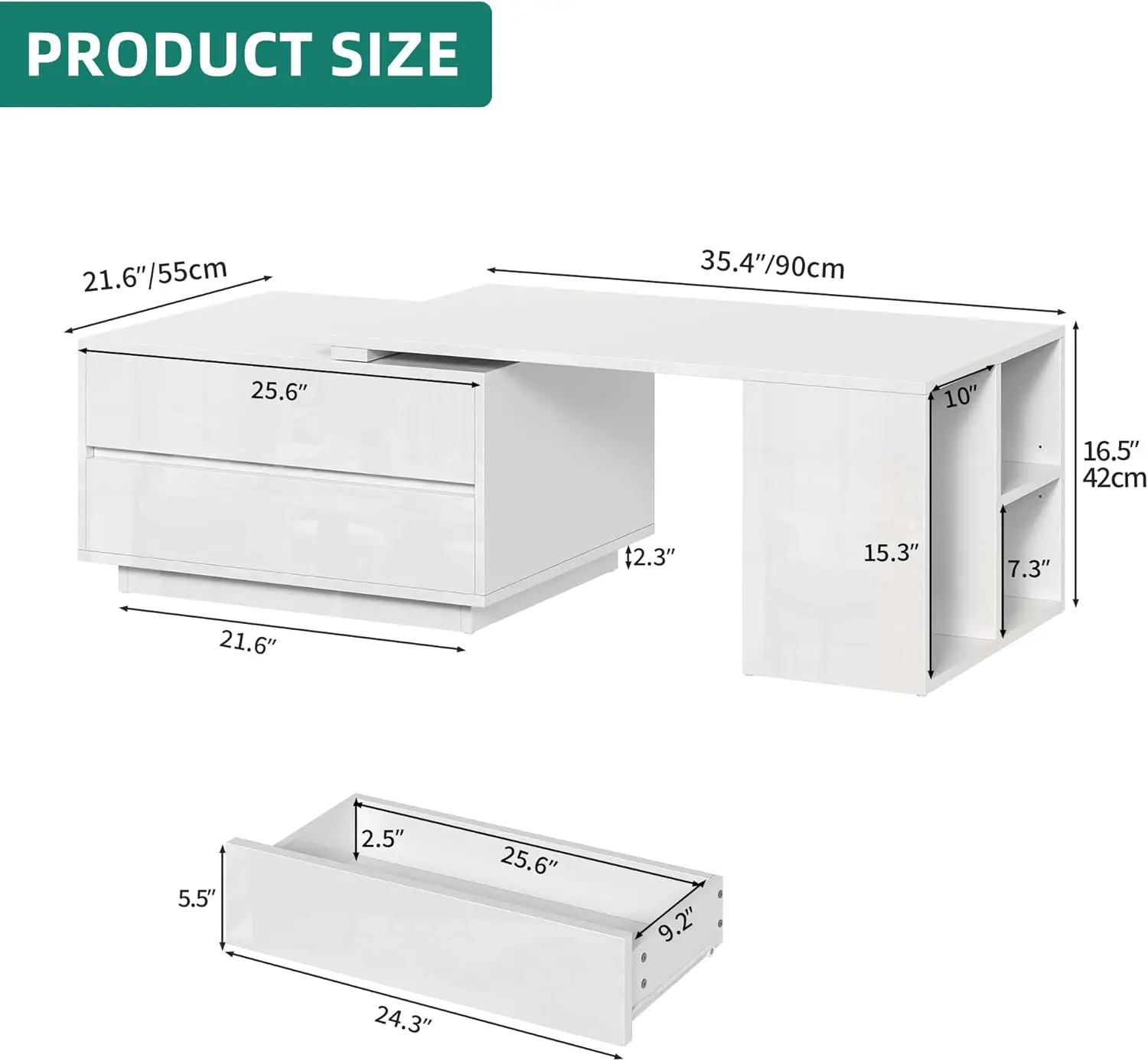 35"-61" Extendable LED Coffee TableModern Wooden Rectangle Cocktail Table with Sliding Tabletop for Living Room, White
