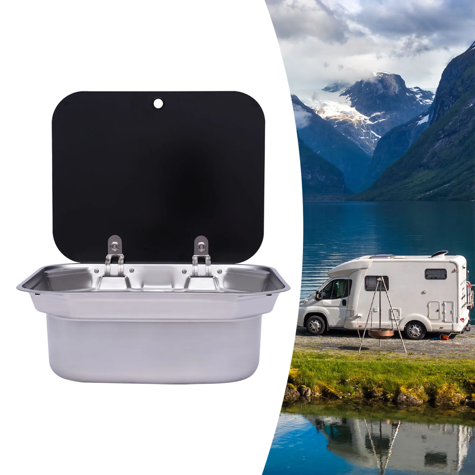 Kitchen Sink Silver Stainless Steel RV with Lid Overflow-proof Design New