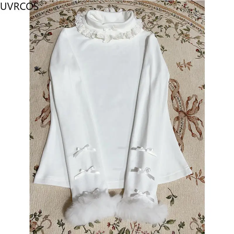 Dolce stile Lolita Mezza collo alto Top Donna Grunge Slim Fit T-shirt con fiocco in pizzo Inverno Y2k Estetica Patchwork di pelliccia Kawaii Tees