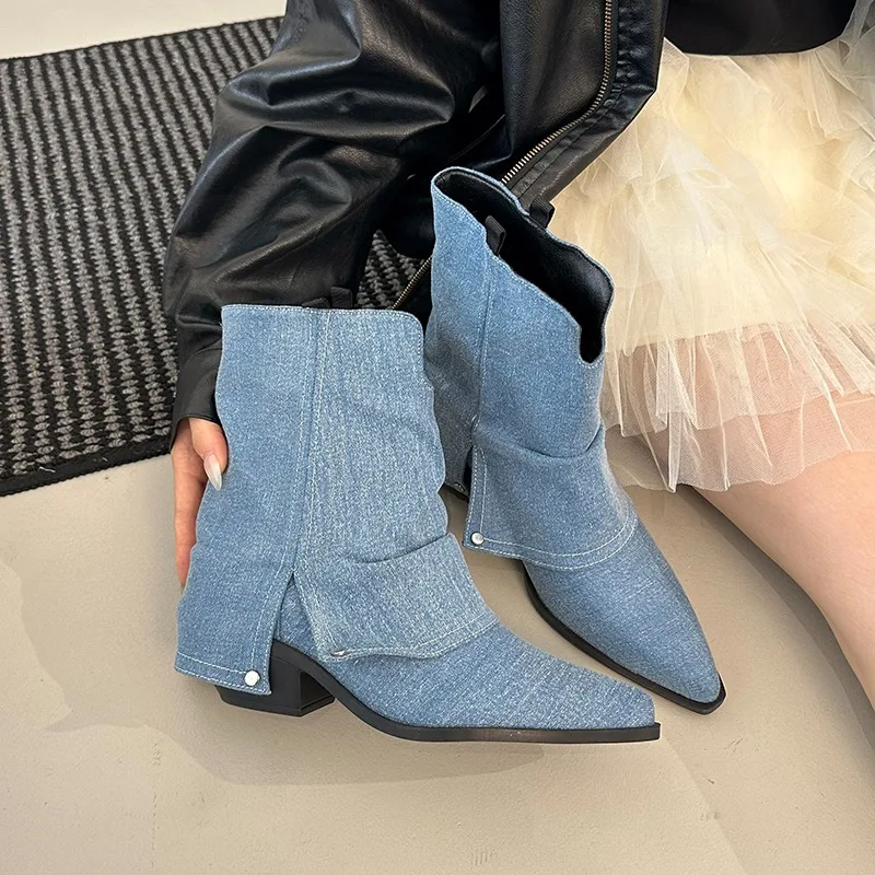 French Retro Pointed Toe Western Cowboy Boots Women's New Fall Little Heightened Non-slip Short Leg Pants Tube Boots