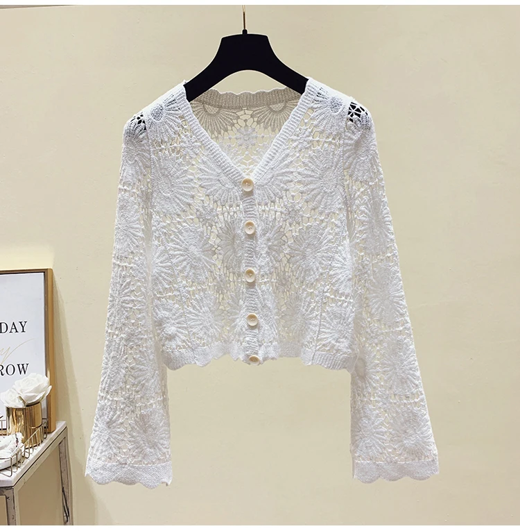 Sheer Crochet Top Cover Up Button Front V-Neck Long Sleeve Open-knit Embroidery Blouse Women Summer Boho Vacation Outfit