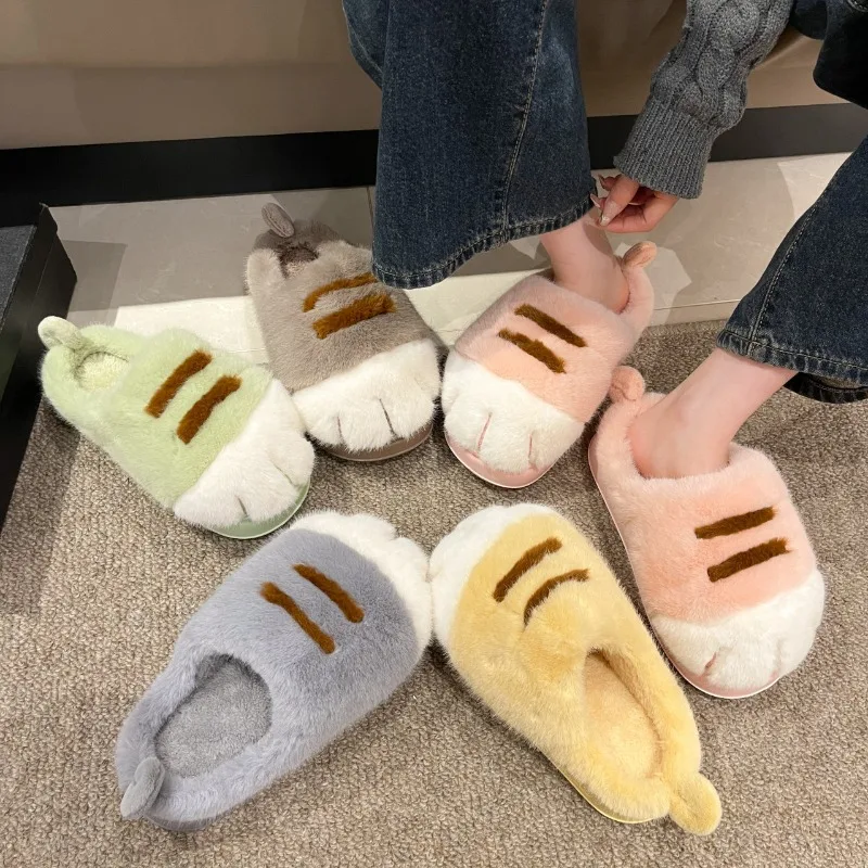 

3D Cat Paw Plush Slippers Flat Thermal Comfortable Fluffy Home Slippers Furry Paw Couple for Indoor Bedroom