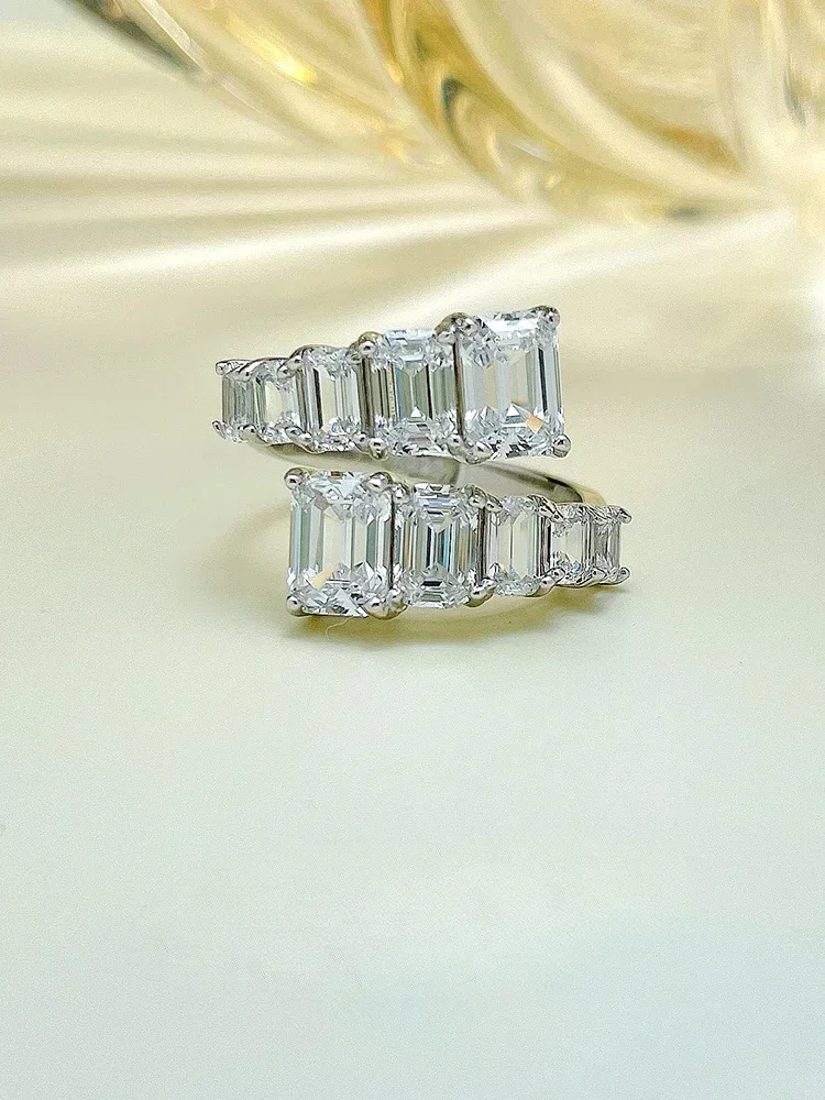 Desire Fashionable New Open Emerald Cut Sterling Silver Ring Inlaid with Imported High Carbon Diamonds for  Rank Niche