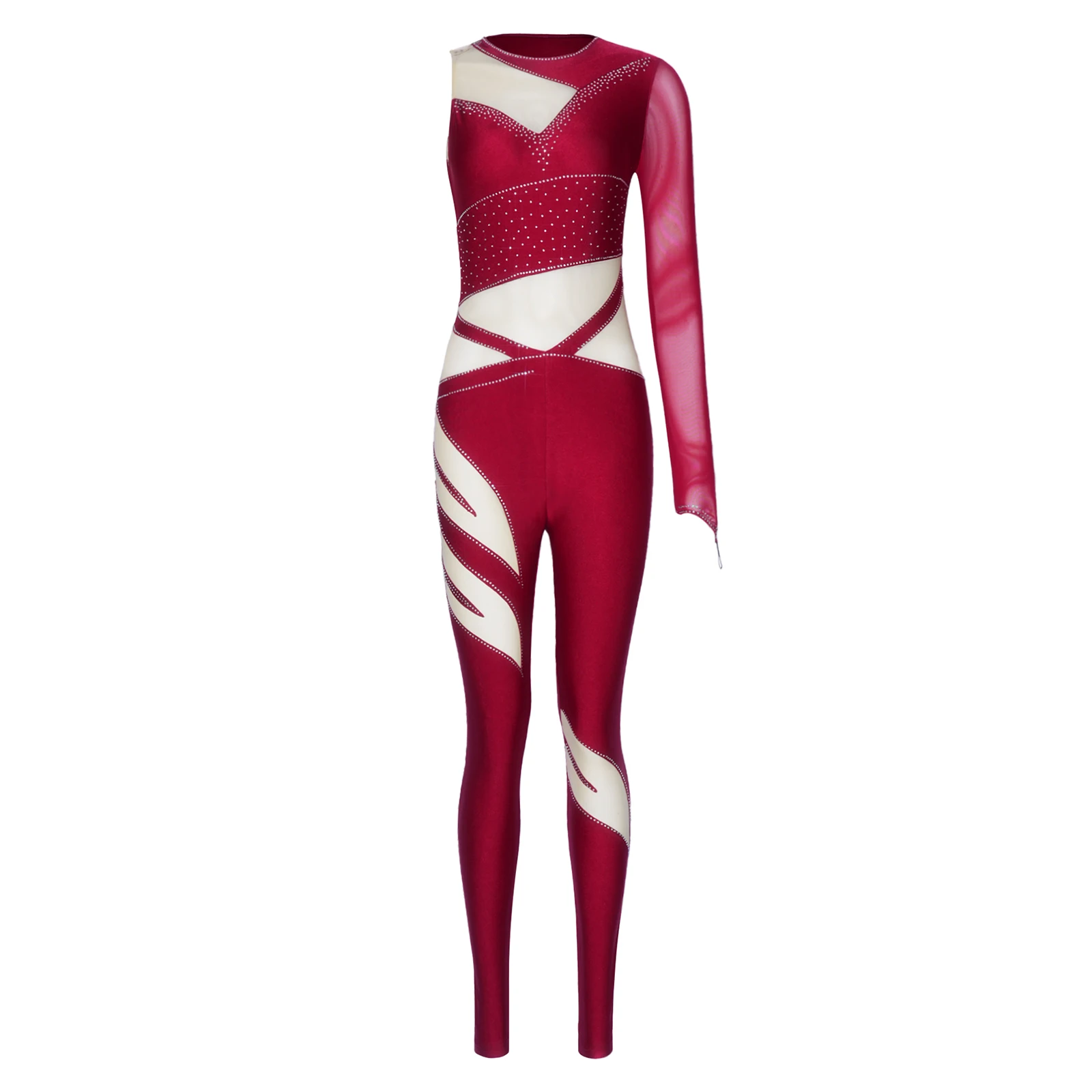 Women Ballet Dance Gymnastics Leotard Mesh One-shoulder Shiny Rhinestone Unitards Figure Skating Acrobatics Performance Jumpsuit