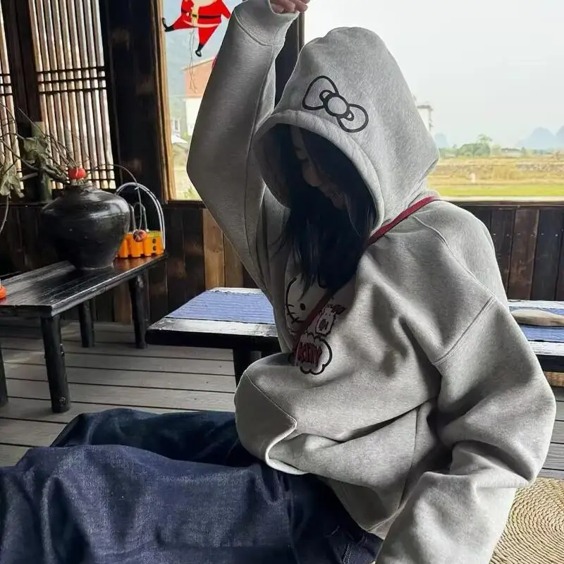 후드티 고양이 프린트 긴 소매 루즈핏 남녀 공용 달콤한 만화 스타일 다용도 가을 겨울 고급형