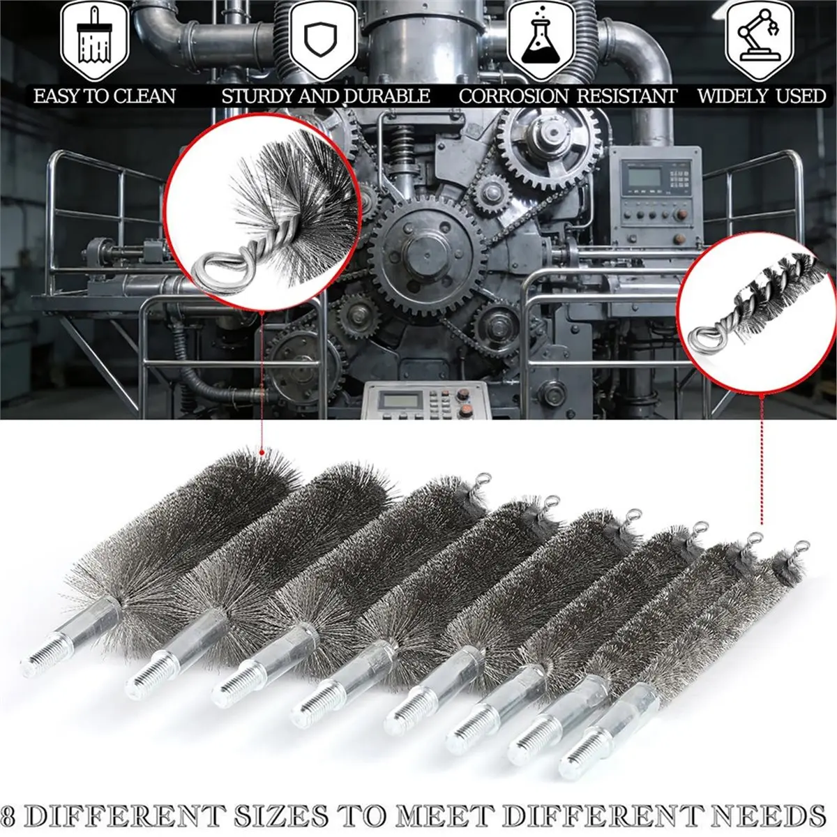Pipe Cleaning Brush Set with Stainless Steel Bristles Wire Brush with 4 Flexible Rods, Stainless Steel Pipe Brush 4pcs