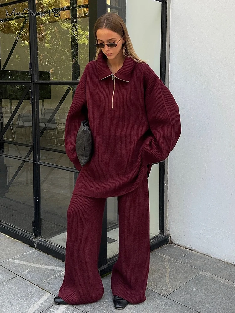 Mnealways18 Burgundy Red Two Piece Knitted Sweater Sets Women Zipper Pullover Tops And Wide Legs Pants Outfits Winter 2024 Lady