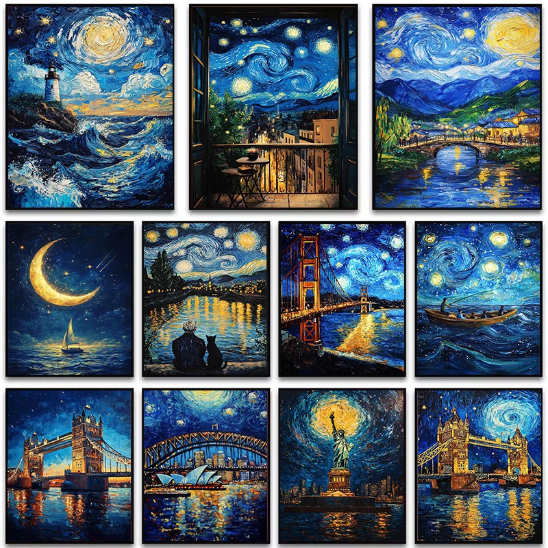 （2D Canvas painting） Abstract Van Gogh Landscape Poster Prints Sydney Opera House Starry Night Canvas Painting Wall Art for L