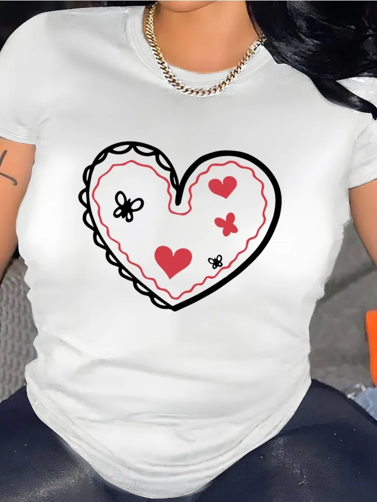 

Women Elegant Heart Print T-Shirt Soft Breathable Fabric Round Neck Casual Elegant T-Shirt Comfortable Year-Round Women T-Shirt