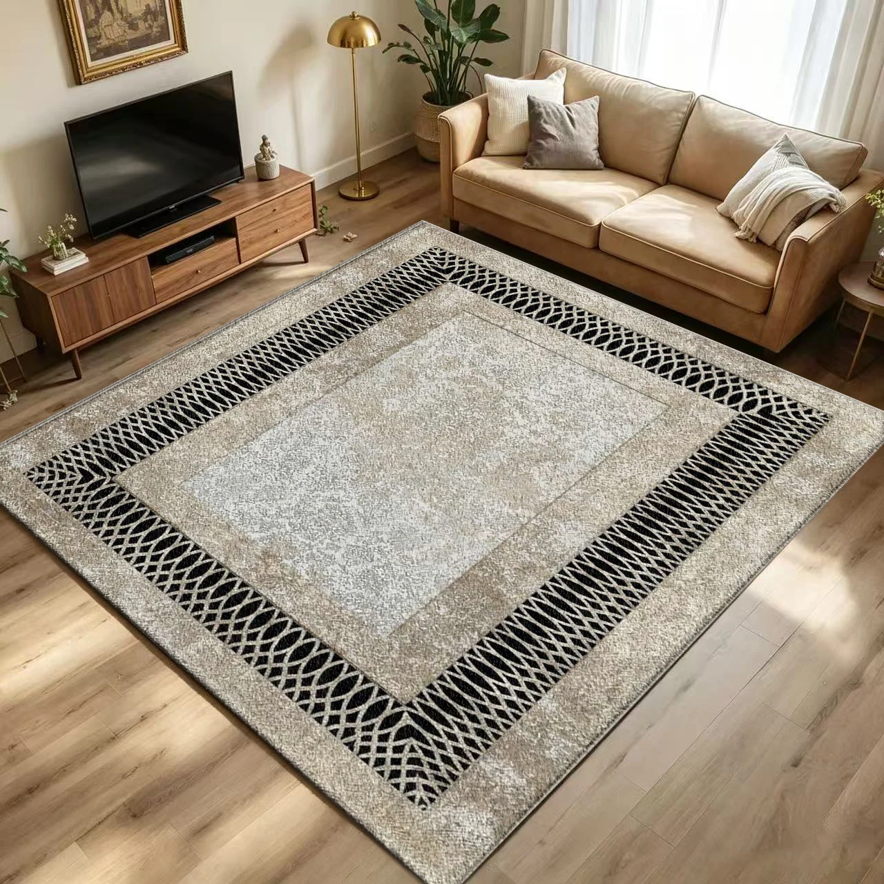 Modern Geometric Border Area Rug, Simple Non-Slip Floor Carpet for Living Room Bedroom Home Decor