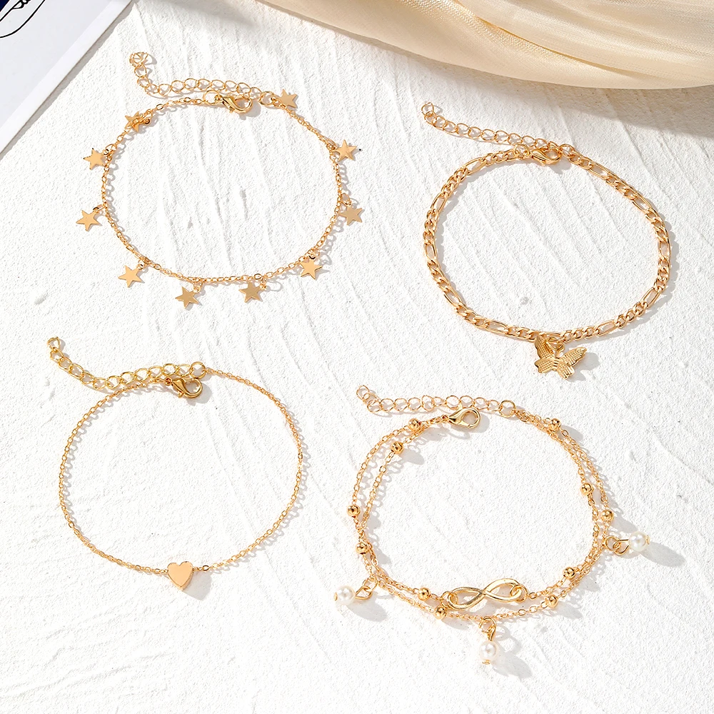 IPARAM Exquisite Metal Butterfly Star Heart Pendant Anklets Set Bohemia Vintage Pearl Pendant Foot Bracelet Beach Woman Jewelry image 4