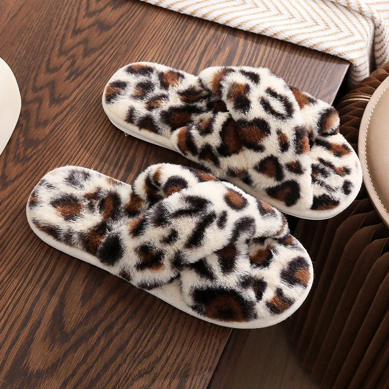 Sexy Cross Leopard Plush Women Slippers Lightweight Soft Sole Cotton Slides Autumn Winter Open-toe Warm Flat Heel Flip Flops