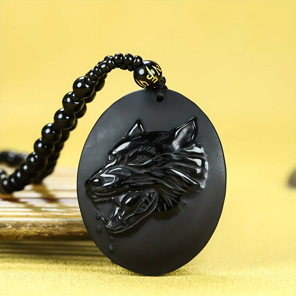 

Collar elegante con colgante cabeza lobo piedra obsidiana natural sin baño de metal, joyería unisex