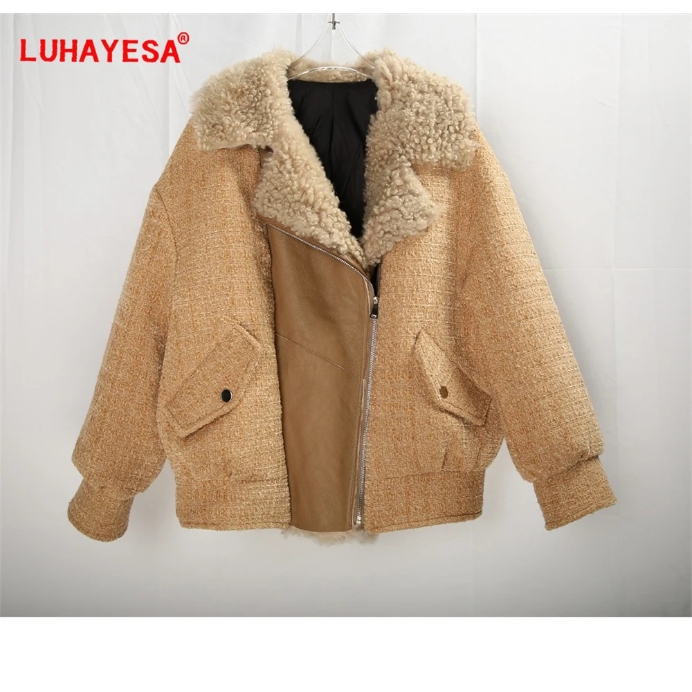 

2023 Women Fashion Suit Collar Camel Winter Duck Down Jacket Sheepskin Fur Shearling Clothes