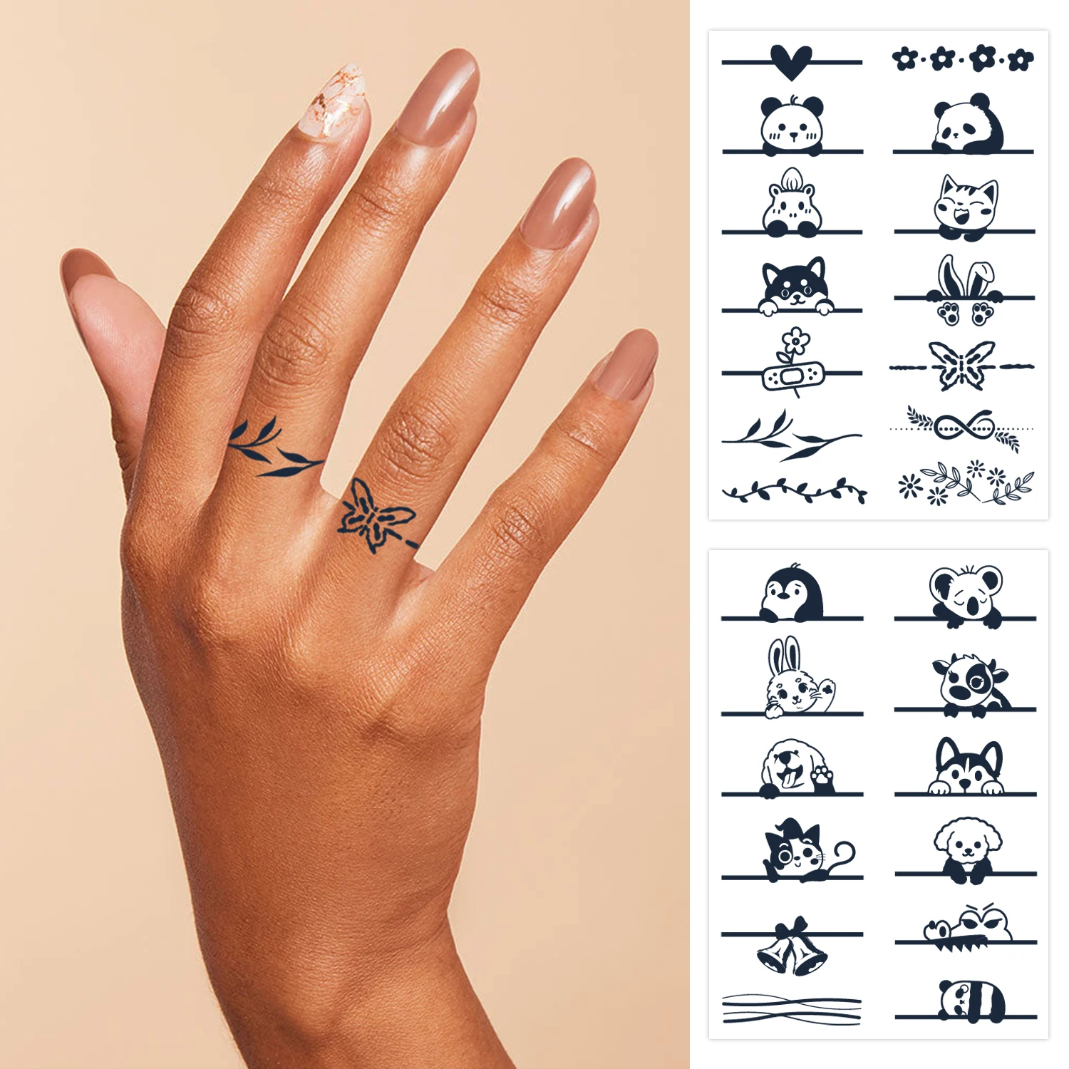 

Semi-permanent tattoo, ring tattoo, butterfly panda leaves kitten and bear, waterproof lasting 1-2 weeks