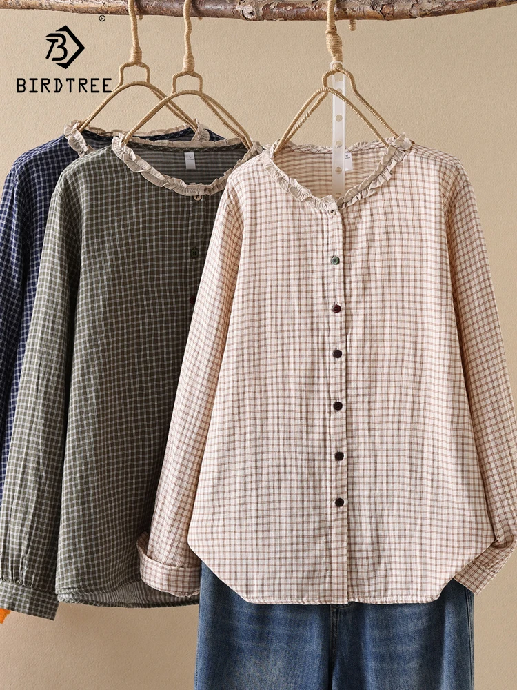

Новинка 2025, осенняя рубашка с длинными рукавами из хлопковой пряжи, женская клетчатая рубашка с рюшами, универсальная повседневная мягкая свободная блузка Mori Girl OL T5O0115CC