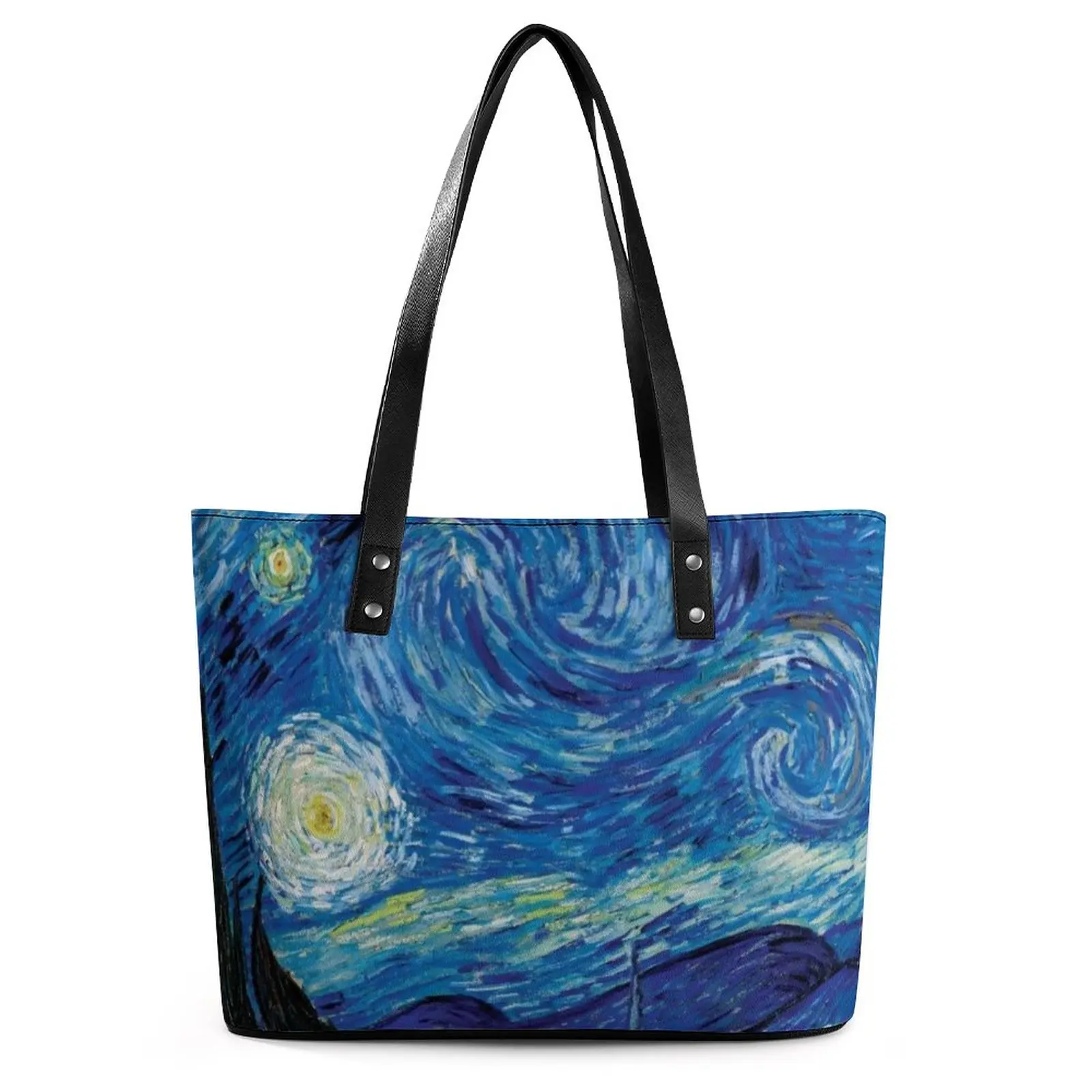 Abstract Sky Handbags Van Gogh Starry Night PU Leather Shoulder Bag Female Office Print Tote Bag Ziplock Stylish Shopping Bags