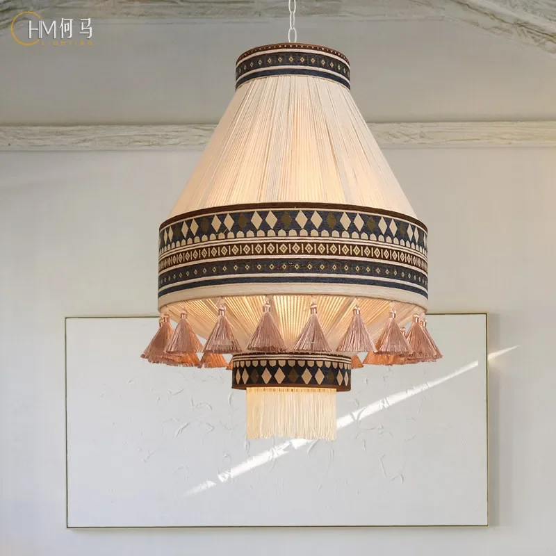 Vintage ins wind cotton and linen rope fabric living room lamp bed and breakfast room bedroom fringed chandelier