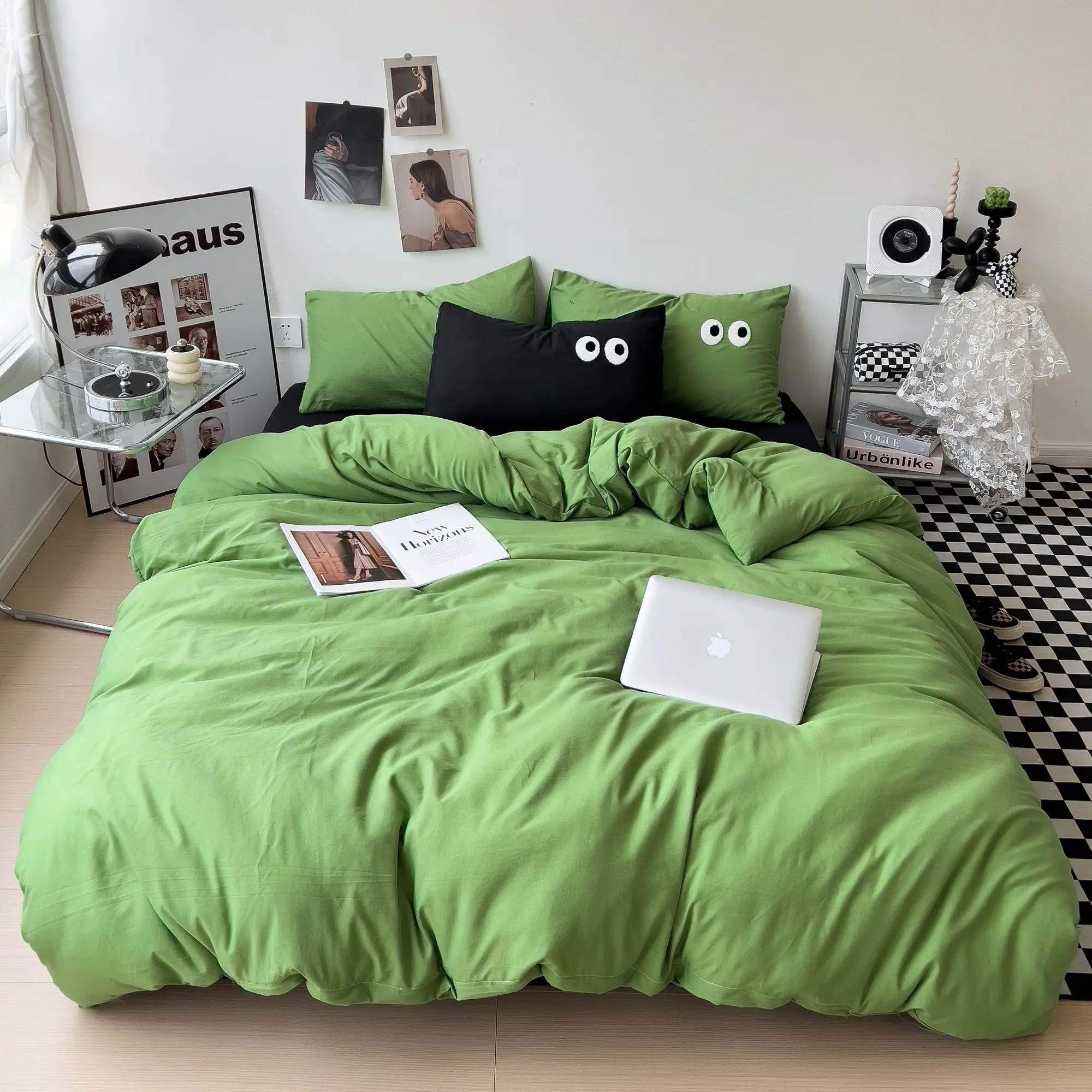 Ins Style Big Eyes Duvet Cover No Filling Double Mix Color Flat Sheet Pillowcases Washed Cotton Embroidery Queen Bedding Set