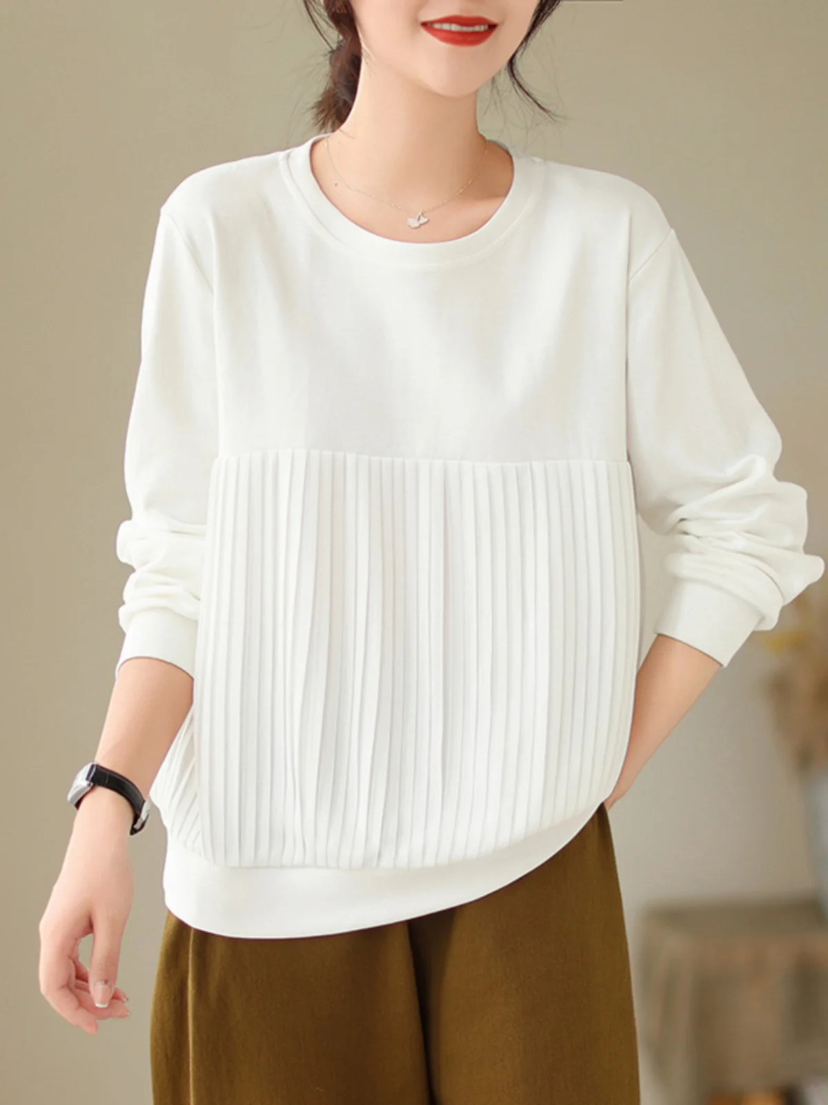 

Женская свободная толстовка с длинными рукавами и круглым вырезом, пуловер, свитшот, дизайнерский эффектный плиссированный топ, стройнящий фигуру, универсальный, для осеннего сезона