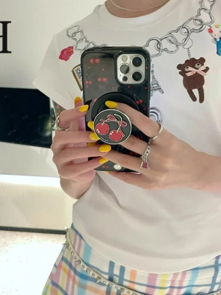 

Хлопковые женские футболки с шикарным принтом, милые футболки 2025 Ropa Mujer, корейские летние укороченные футболки с круглым вырезом и короткими рукавами, повседневная белая футболка