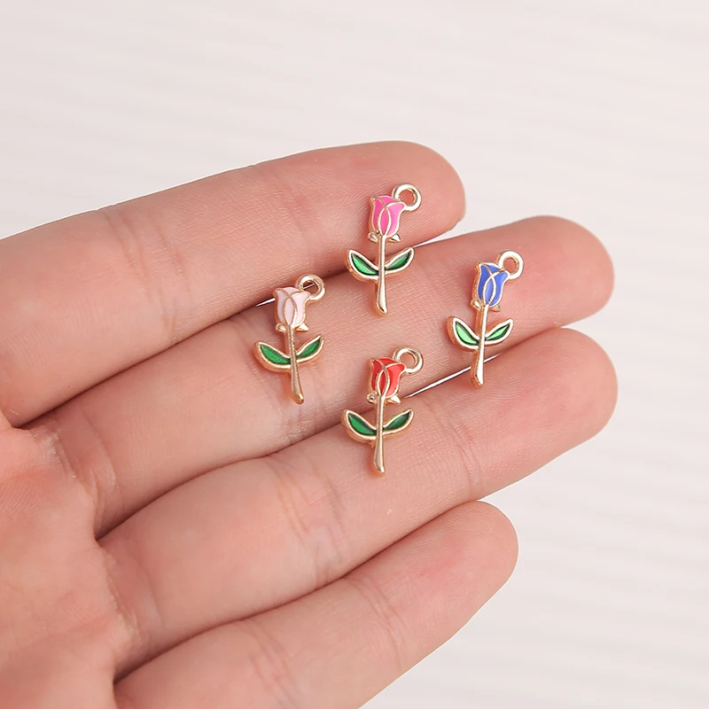10 Stück 10 x 18 mm niedliche Emaille-Rosen-Blumen-Charms-Anhänger für Schmuckherstellung, Halsketten, Ohrringe, Armbänder, DIY-Bastelzubehör – Detail 3